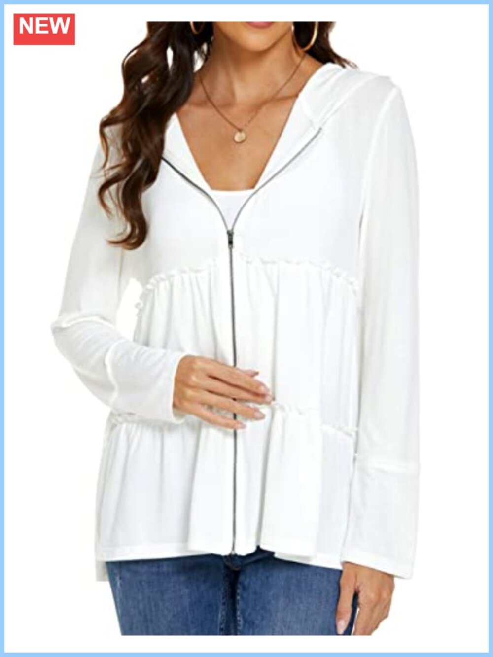 Women's Pleated Tiered Ruffle Hooded Full Zip Sweatshirt - Loose Fit